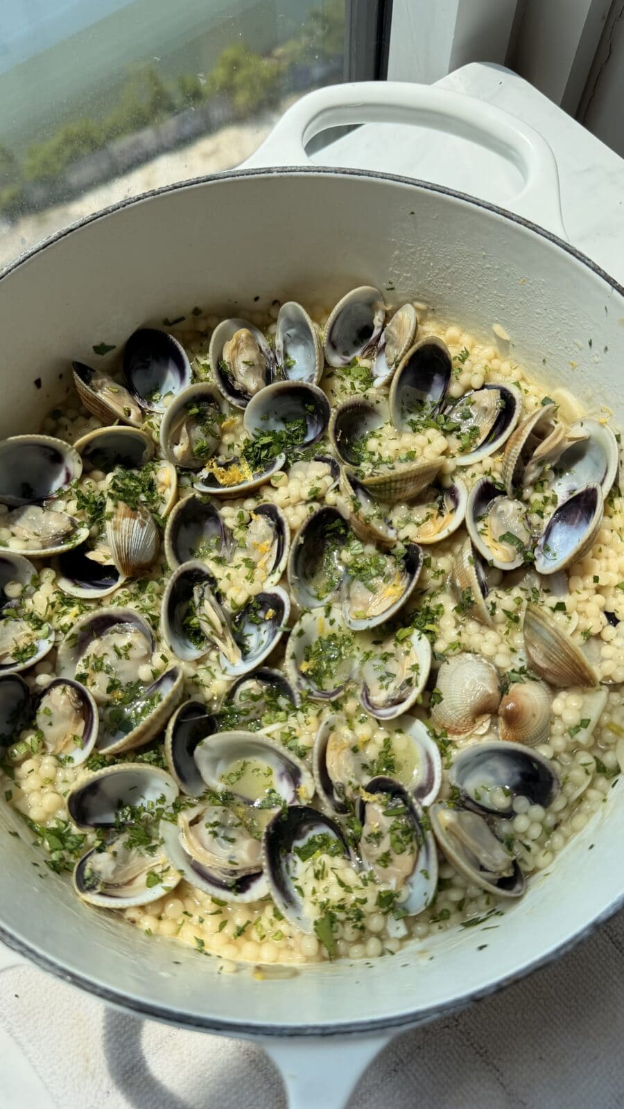 A white pot filled with cooked clams over pearl couscous, garnished with chopped herbs and lemon zest, sits by a sunlit window.