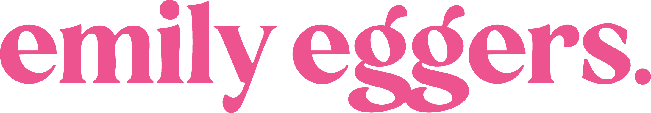 Text logo displaying the name "emily eggers." in bold, lowercase, pink letters on a white background.