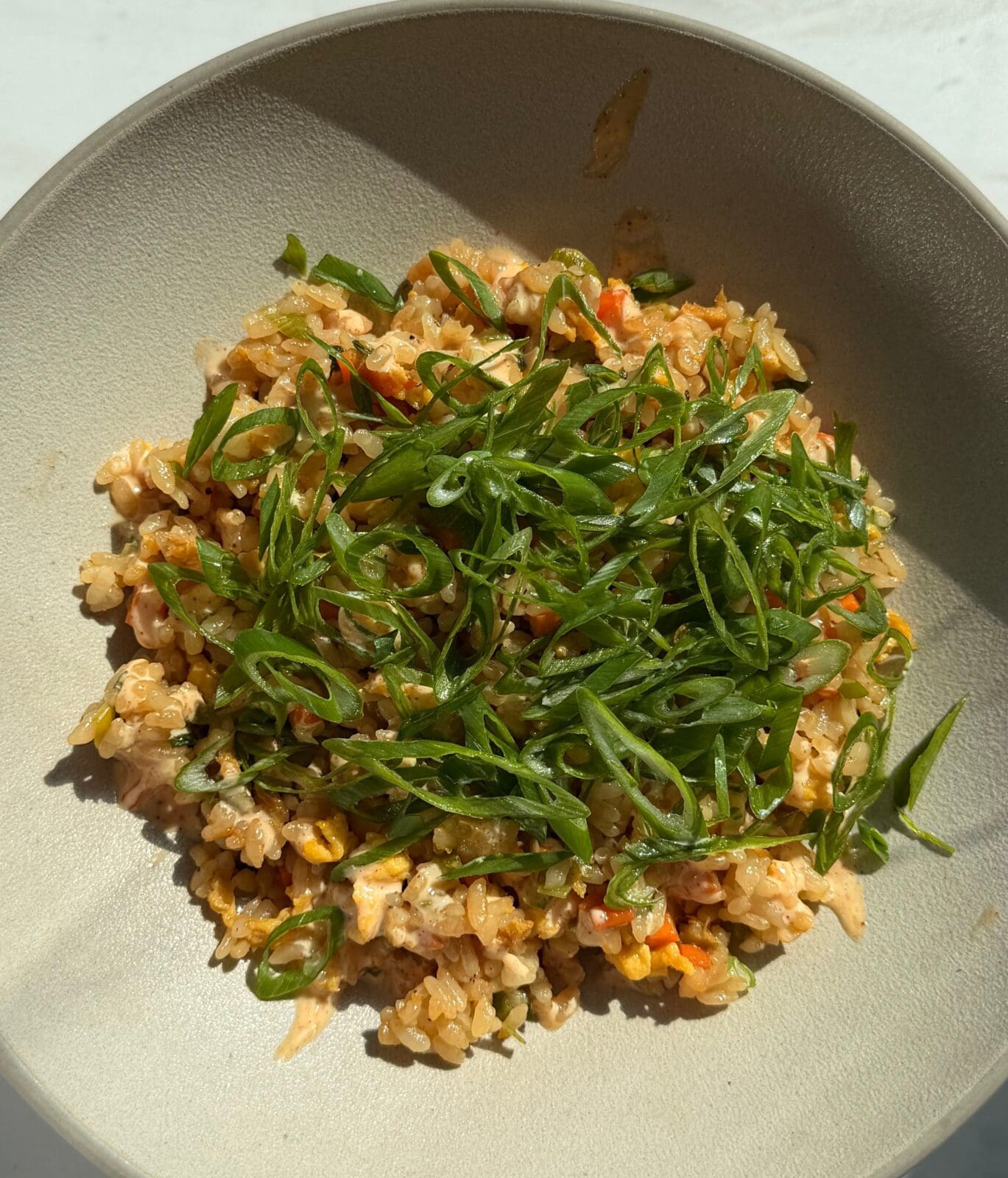 A bowl of fried rice mixed with vegetables and topped with a generous layer of sliced green onions.