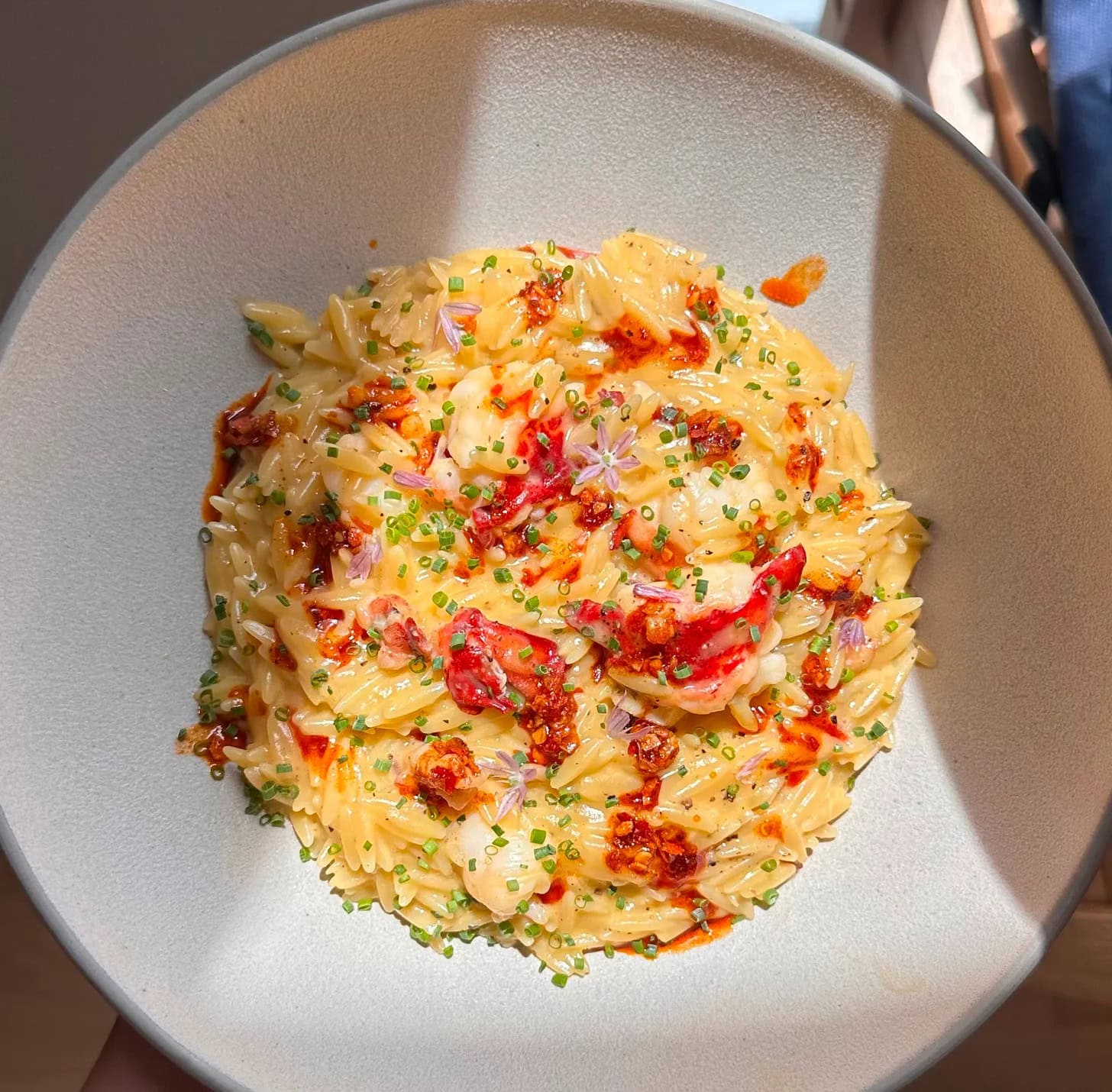 A bowl of creamy orzo pasta topped with chives, lobster pieces, and a drizzle of red sauce, photographed in natural sunlight.