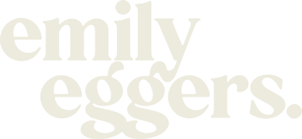 The image displays the name "emily eggers." in large, light beige serif font on a white background.