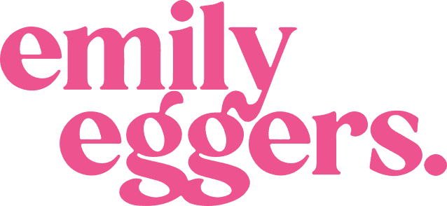 The words "emily eggers." are written in bold, pink, lowercase serif letters on a light background.