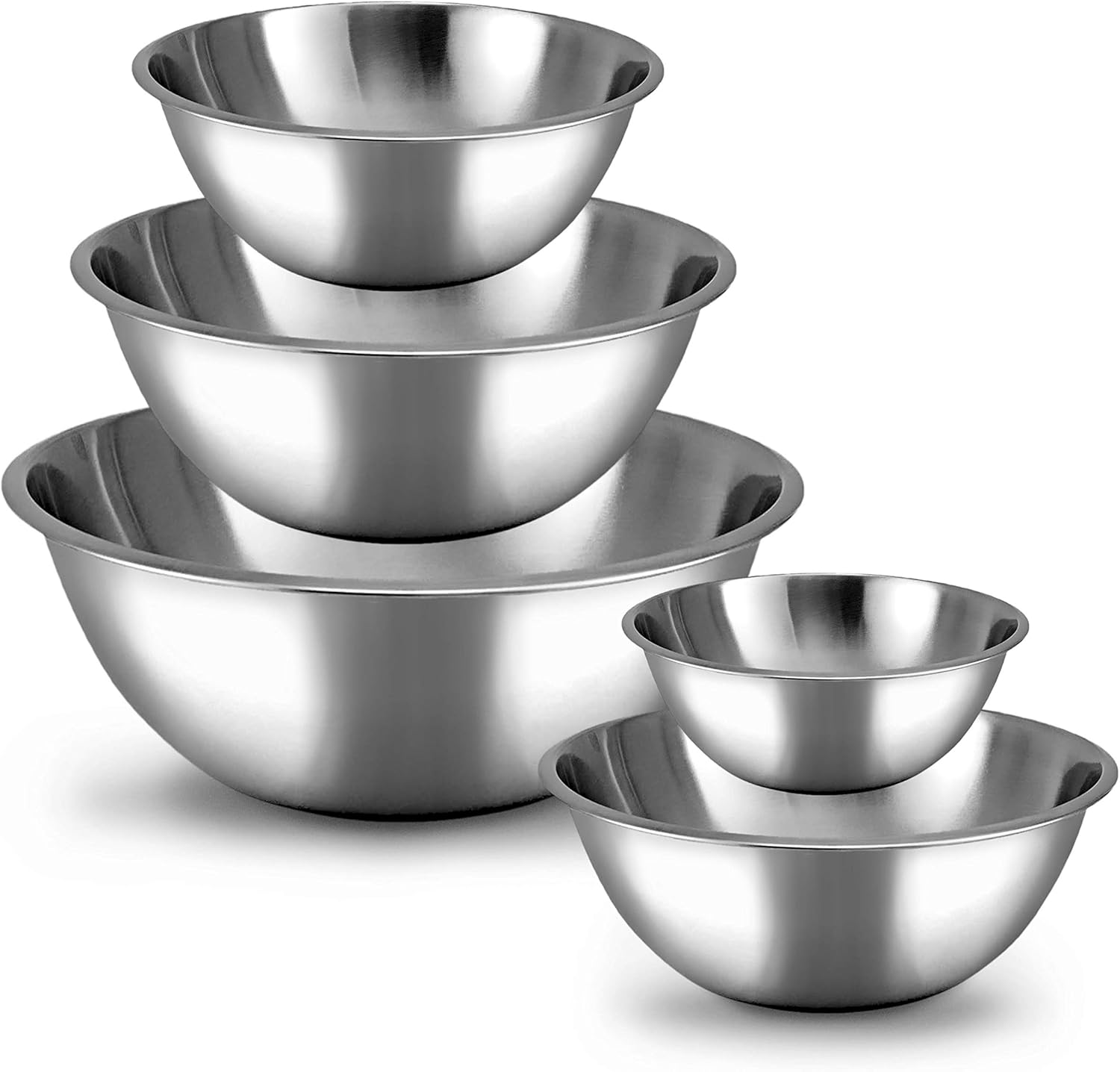 A set of five stainless steel mixing bowls in different sizes, stacked together with the smallest to largest from top to bottom.